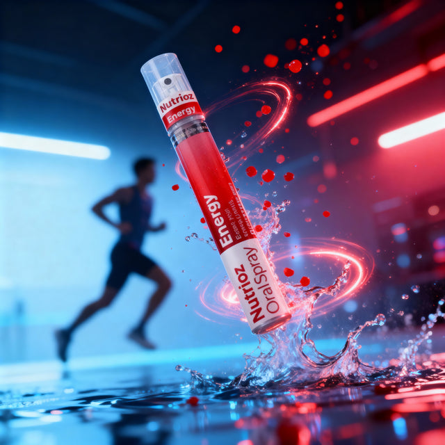 Nutriz Energy Oral Spray with a dynamic background of a runner and colorful lights.