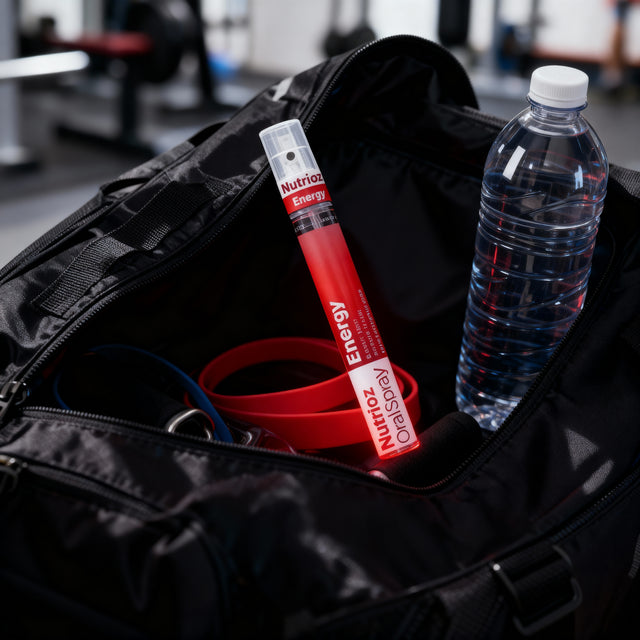Black backpack with Nutrex Energy spray, red band, and water bottle inside.