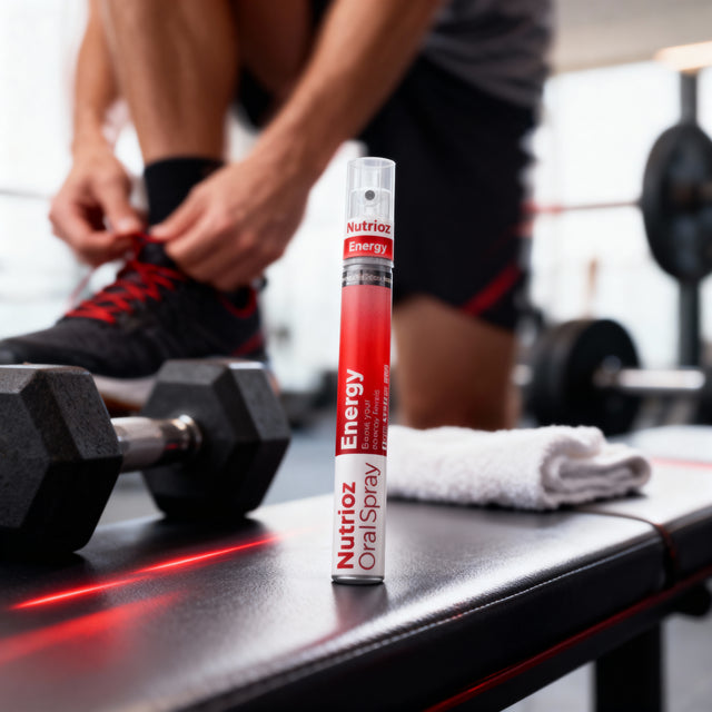 Nutriz Energy Oral Spray on a gym bench with dumbbells and a towel
