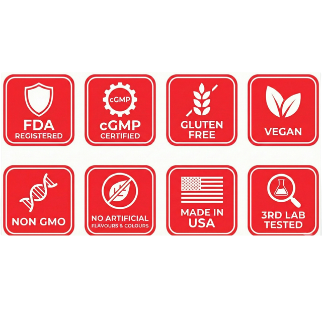 Collection of red certification icons on a white background